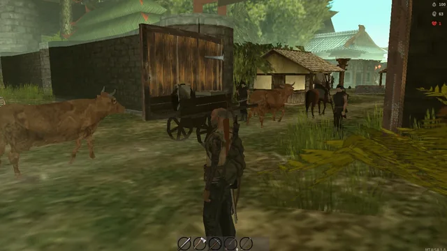 A village street with oxen, a cart and villagers