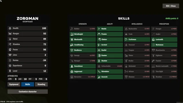 The Skills panel, with its four branches