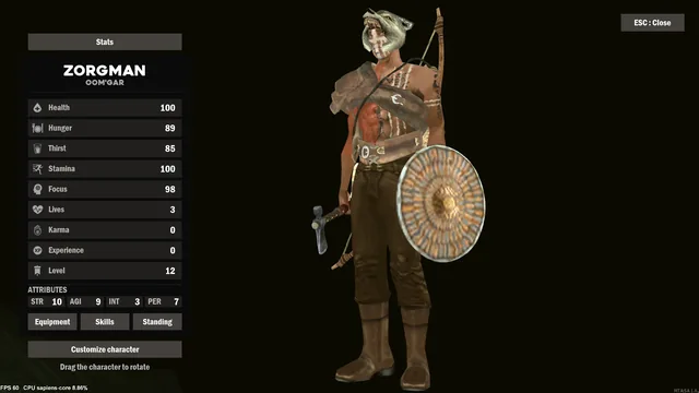 The Character panel: a warrior in a wolf-head helm with axe and shield